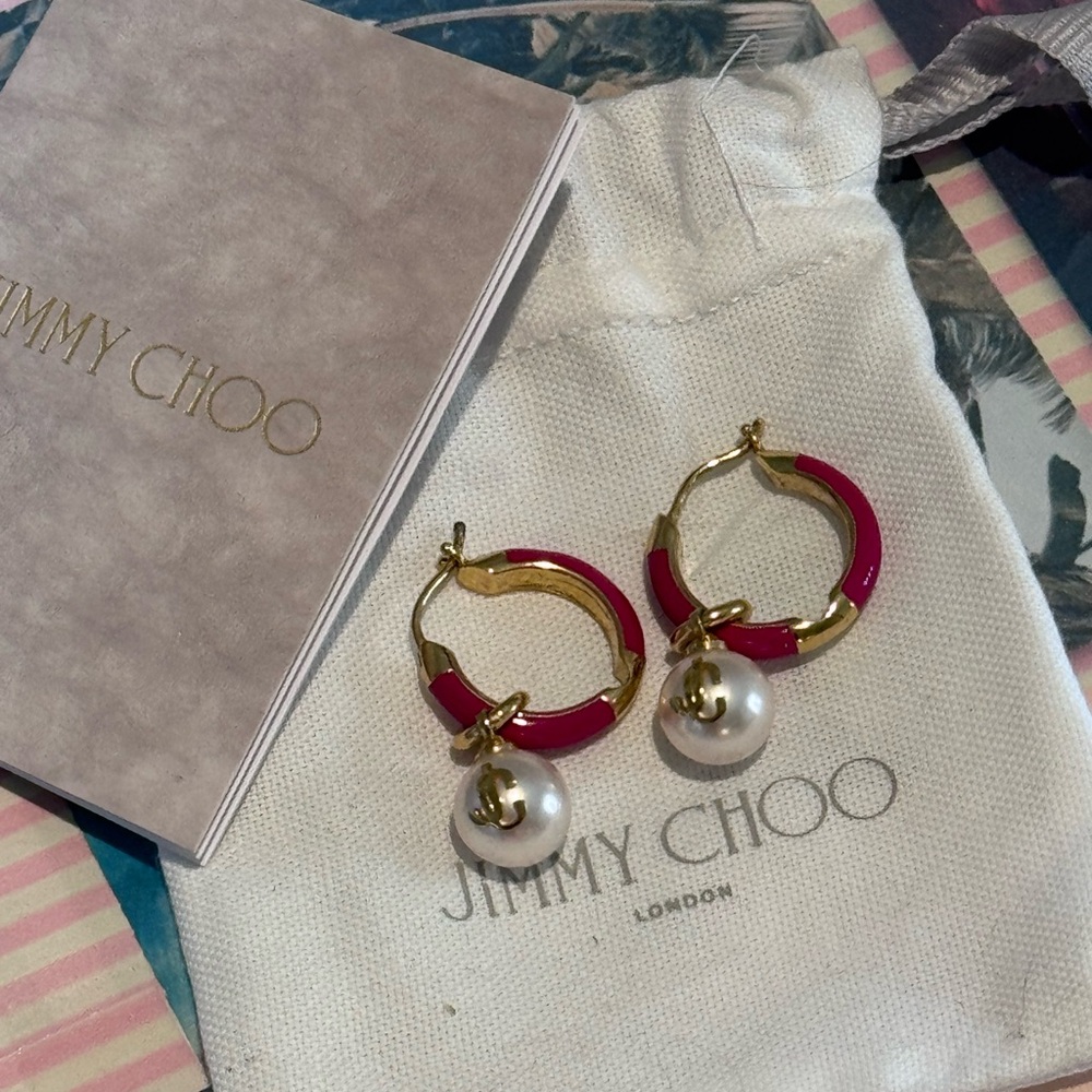 Jimmy Choo Gold-Tone Hoop Earrings with Pink Enamel and Pearl Drop